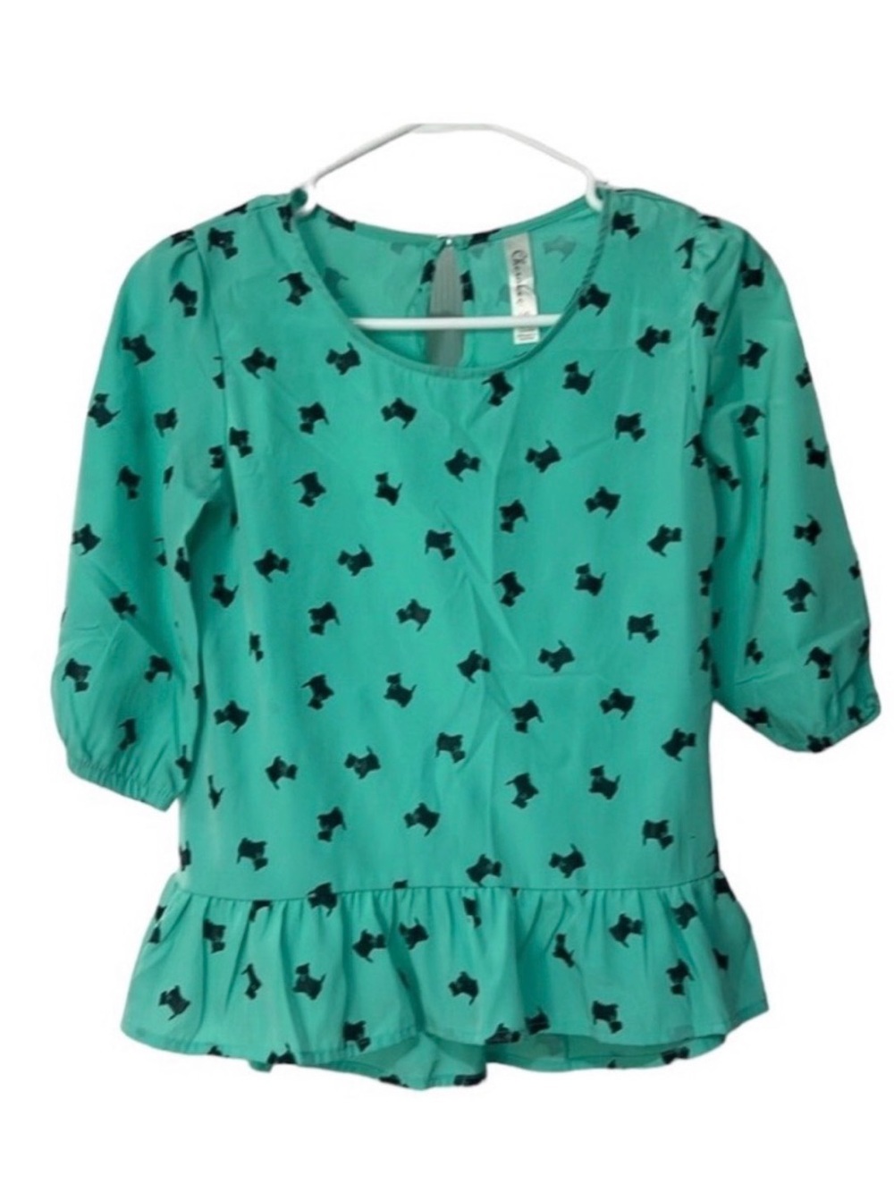 Cherokee Teal Peplum Top with Black Scotty Dog Print